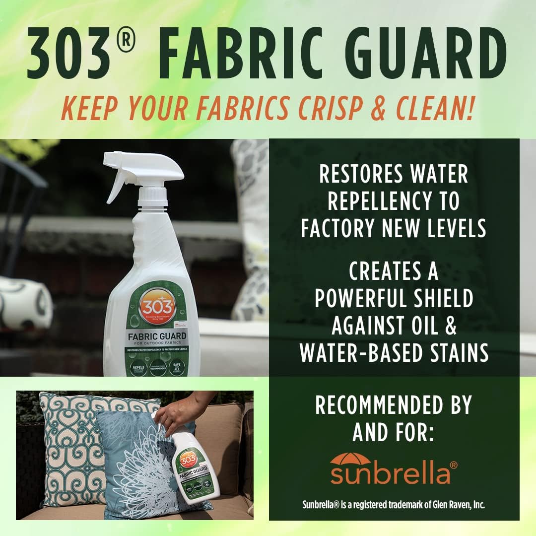 303 Products Fabric Guard, Water Repellent Spray for Outdoor Fabrics – Protects Upholstery, Cushions & Canvas, Stain Protection, Sunbrella Recommended, 32 oz