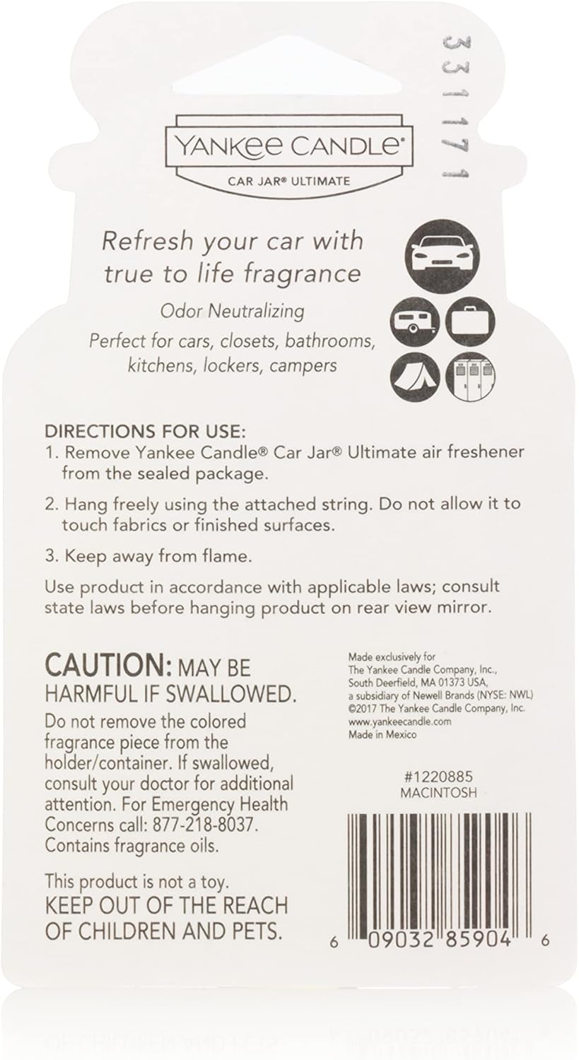 Yankee Candle Car Jar Ultimate Hanging Air Freshener, Macintosh Scent, Neutralizes Odors, Up to 30 Days