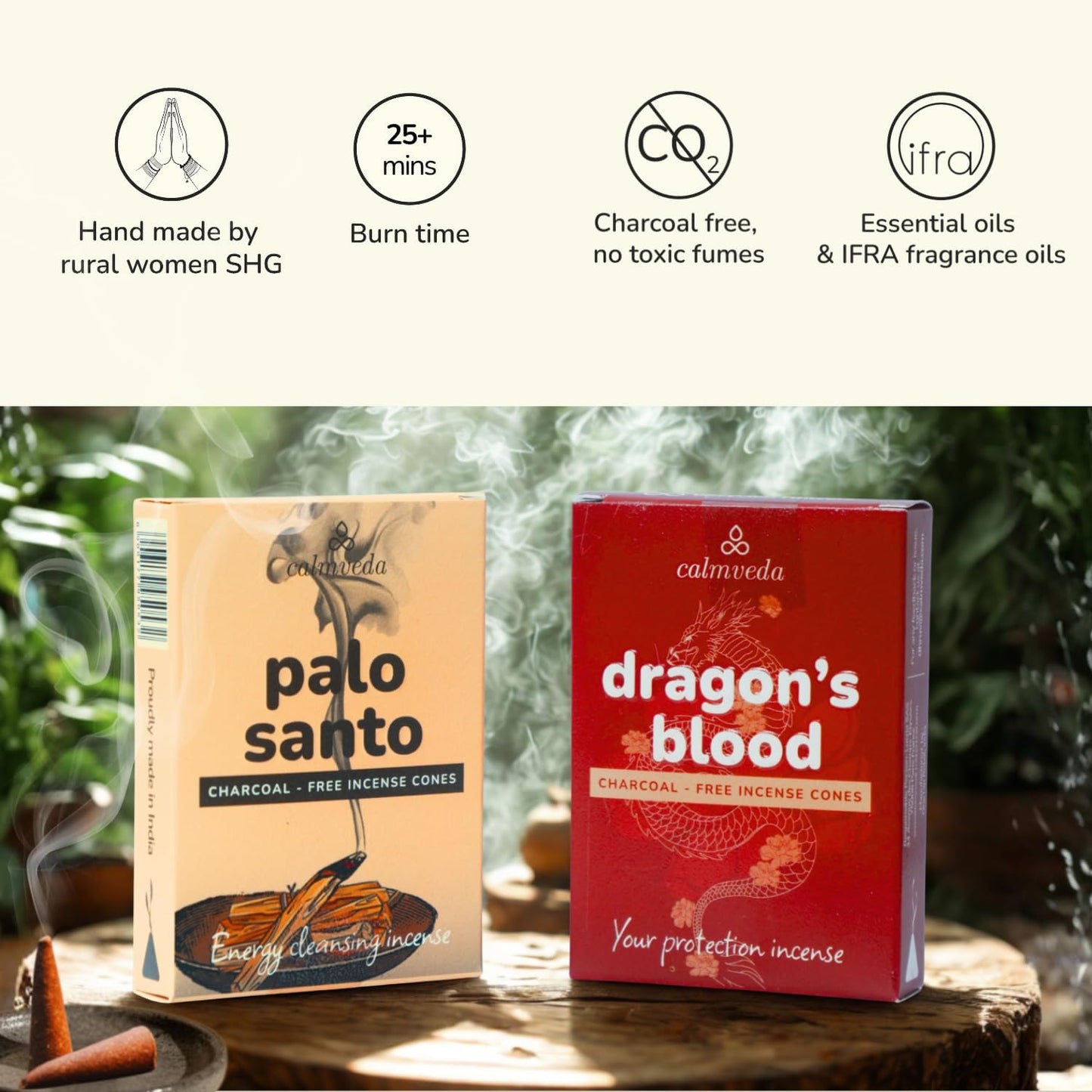 CALMVEDA Sacred Energy Incense Cones - Value Pack of 24 Fragrant Cone (Palo Santo Cones & Dragons Blood Incense Cones) Charcoal-Free & Handmade from Upcycled Sacred Flowers|for Energy Cleansing