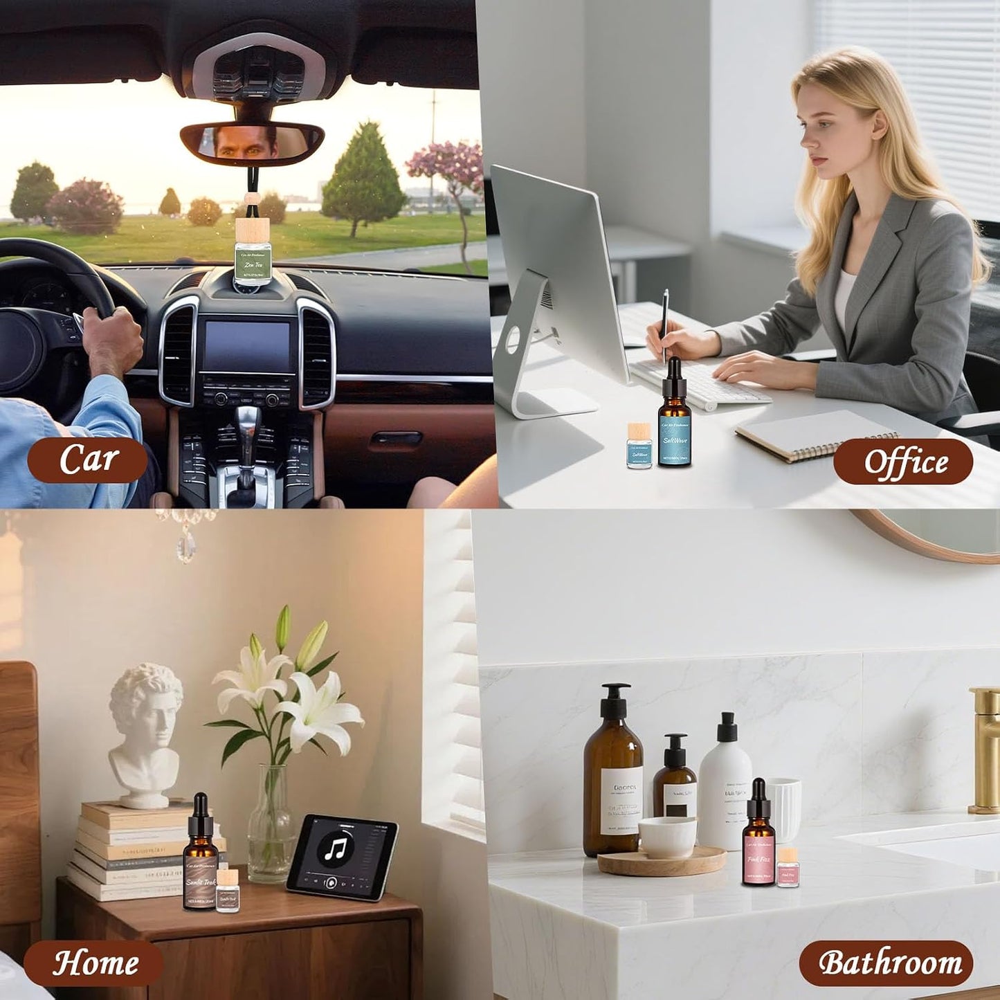 12 Pack Car Air Freshener Refills, 6-Scent Hanging Air Freshener Diffuser Set - Each(8ml +20ml Refill), Essential Oil Diffuser with Refill Bottles, Reusable Car Fragrance Decor Accessories