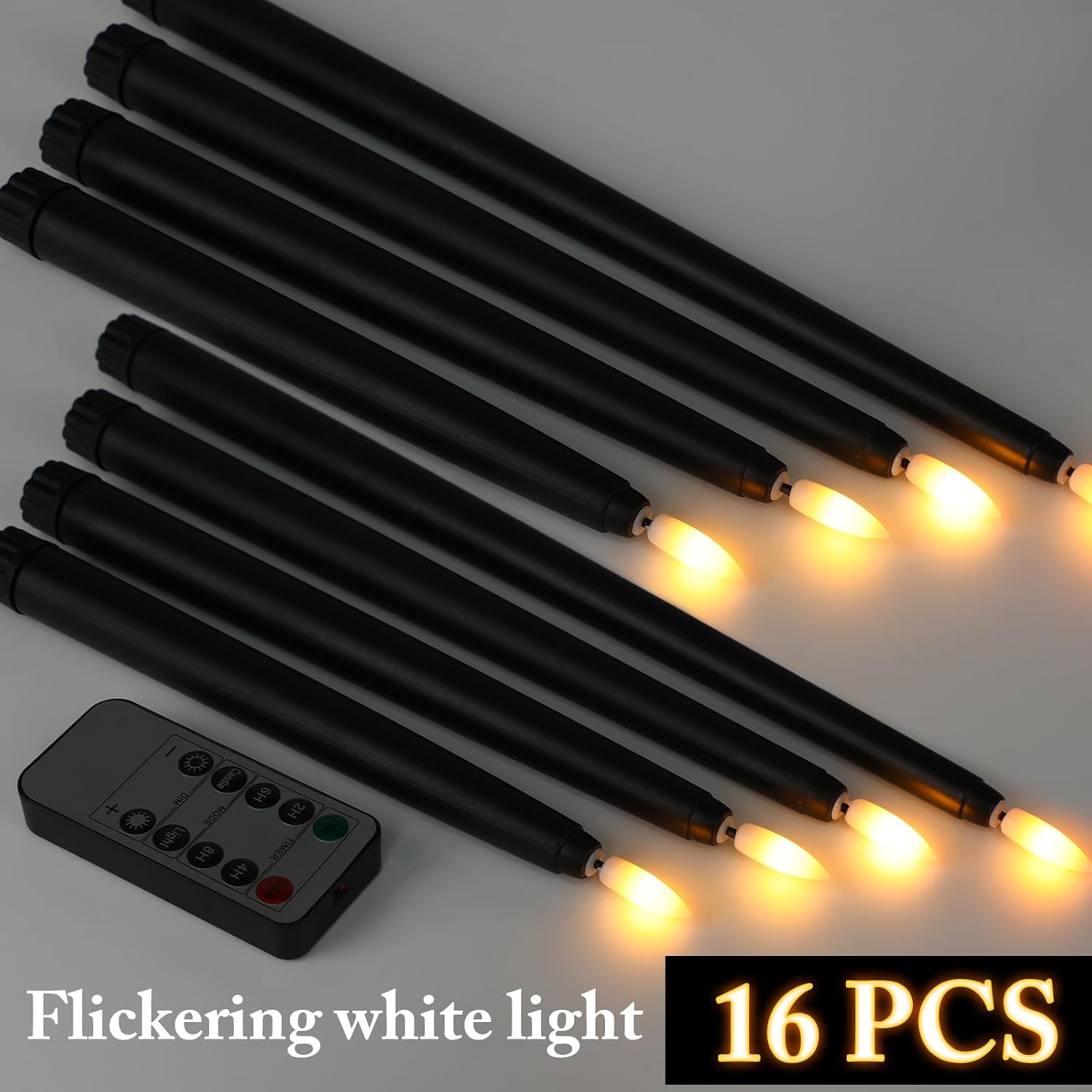 Rossesay 16 Pcs Black Flameless Taper Candles Battery Operated Candles with Remote Timer 8.5" 9.6" 10.8" 12.8" Multiple Sizes Black LED Flickering Candlestick for Wedding Centerpieces Party Decor