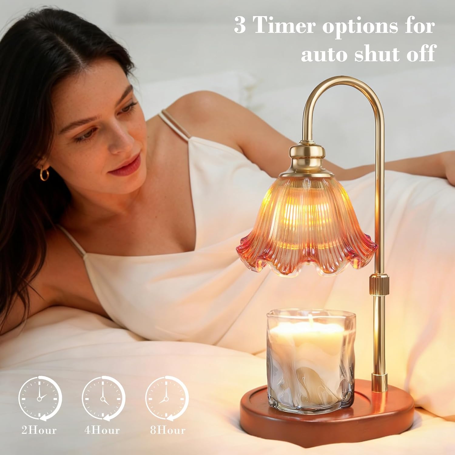 Banbanda Candle Warmer Lamp with Timer Dimmable: Birthday Gifts for Women, Safe Flameless Scent Lamp – Height Adjustable Candle Lamp, Walnut Solid Wood Base, with 2 Bulbs