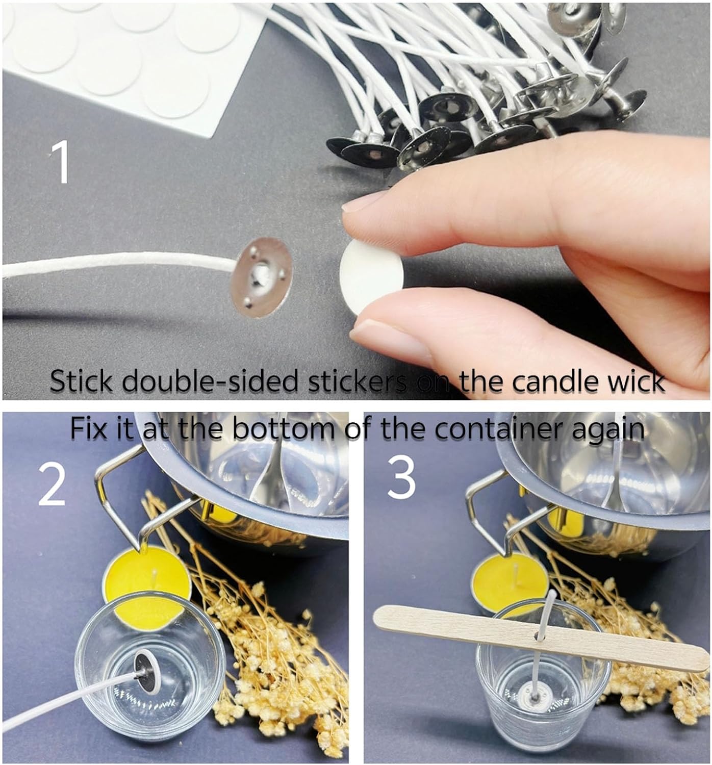 30Pcs Candle Wicks 4 Inch,40Pcs Candle Wicks 6Inch,30Pcs Candle Wicks 8 Inch,100pcs Candle Wick Stickers,Candle Wick Centering Device,20 Pcs Metal Sustainer Tabs,5pcs Candle Wick