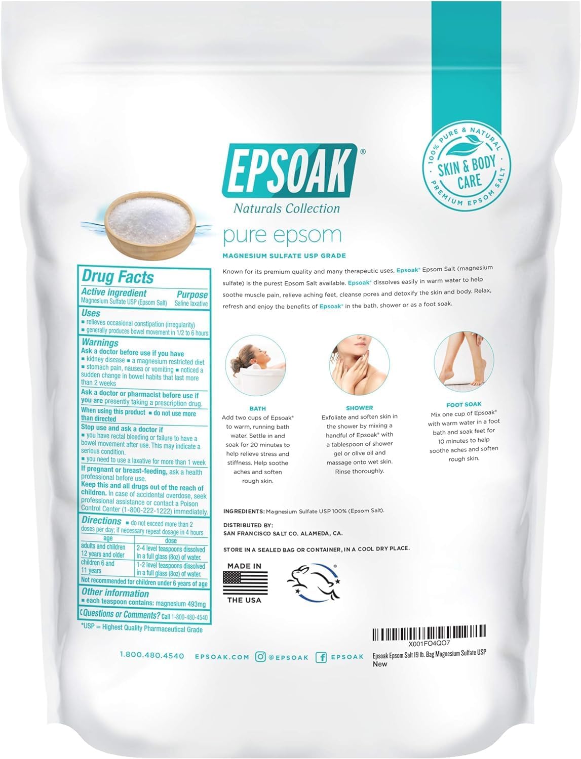Epsoak Epsom Salt 19 lb. Magnesium Sulfate USP. Resealable Epsom Salt Bag Unscented, Made in The USA, Cruelty-Free Certified