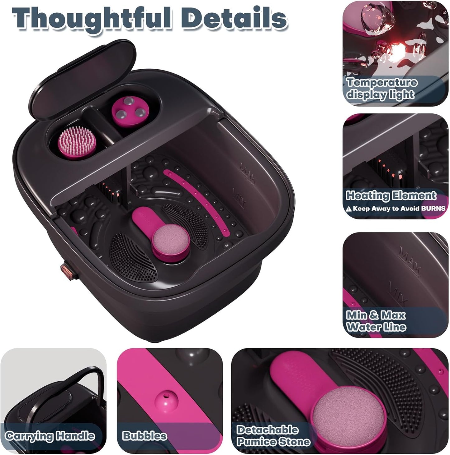 Collapsible Foot Bath, Foot Spa Bath Massager with Heat, Bubble, Remote Control, Temperature Control, 3 Pedicure Attachments, Feet Soaking Tub for Stress Relief (Matte Grey)