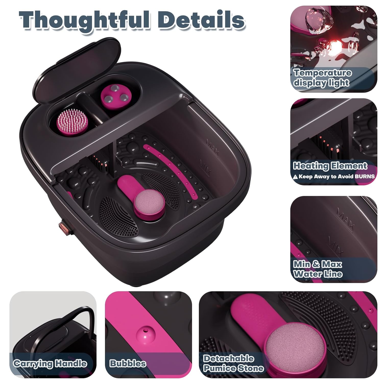 Collapsible Foot Bath, Foot Spa Bath Massager with Heat, Bubble, Remote Control, Temperature Control, 3 Pedicure Attachments, Feet Soaking Tub for Stress Relief