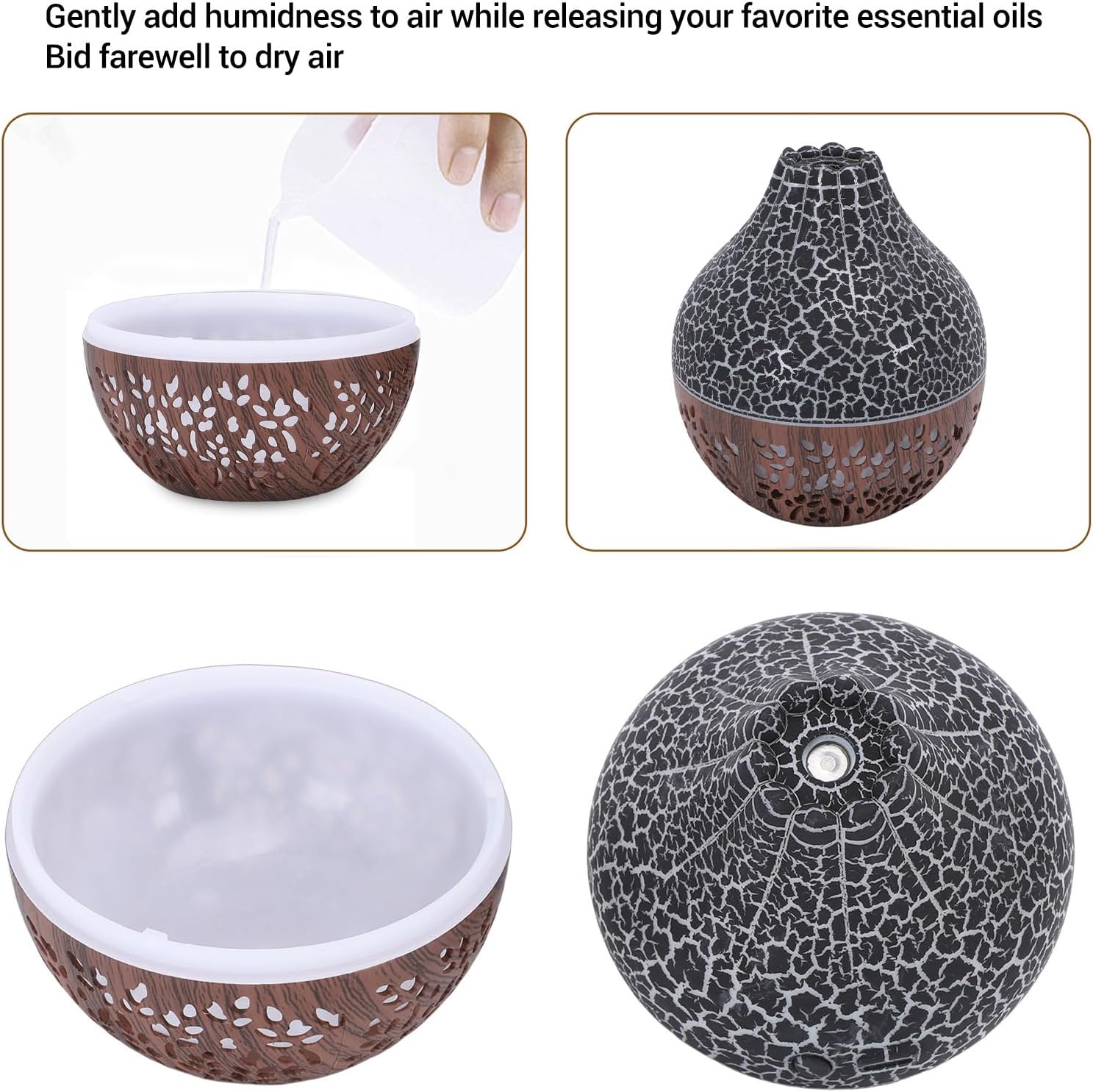 Essential Oil Diffuser, Mini Ultrasonic Air Diffuser Humidifier Luminous Hallow Silent Auto Shut Off USB Aromatherapy Diffuser for Home Office Spa (Black Crack Dark Wood Grain)