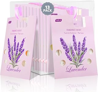 13Packs Lavender Scented Sachets, Fragrance Sachet Bags for Drawers and Closets, Air Fresheners for Car and Home, Closet Deodorizer Scented Drawer Fresheners for Dresser with Hanger Hooks