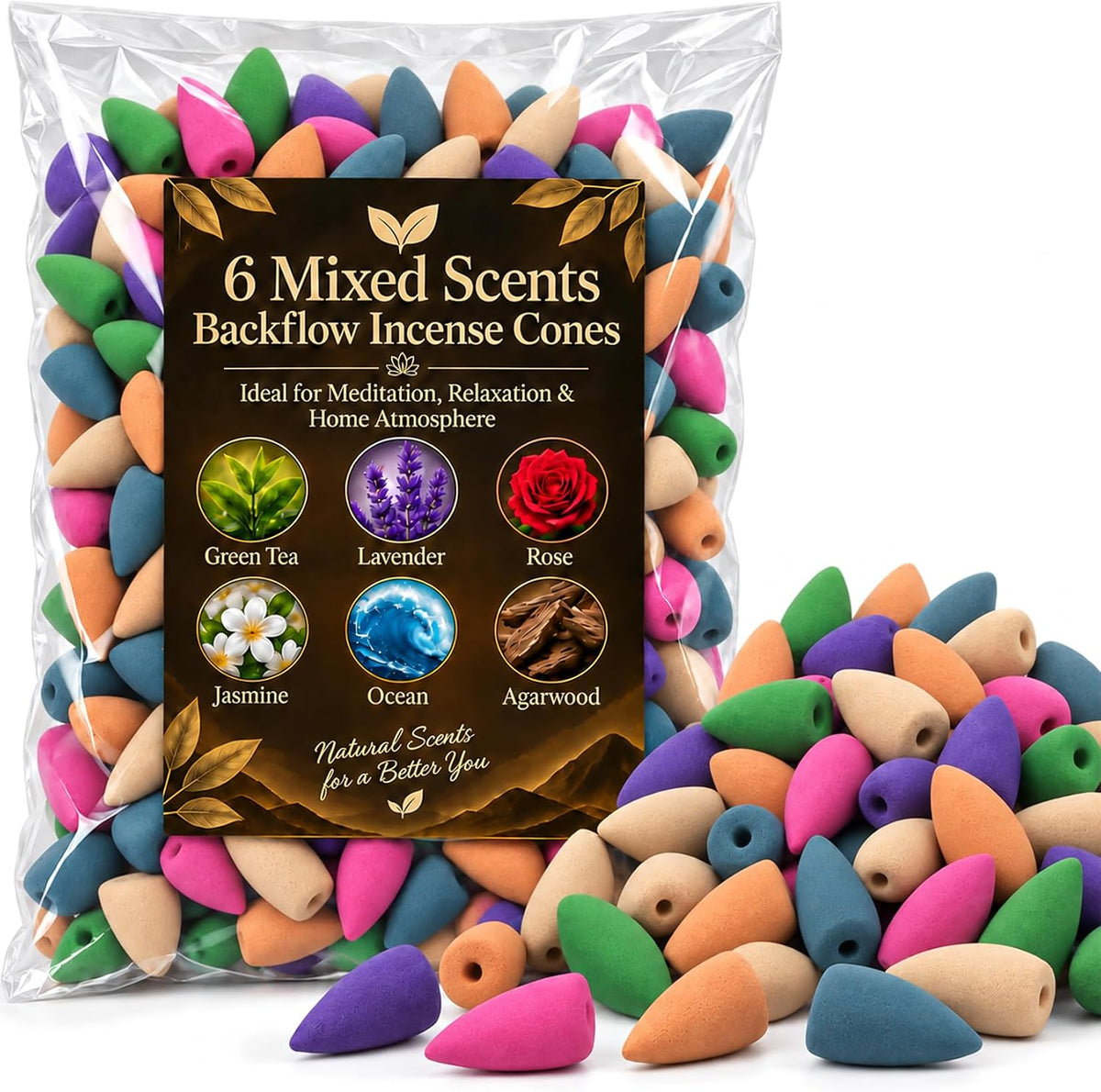 Sukh Backflow Incense Cones - 108 PCS Waterfall Incense Cones