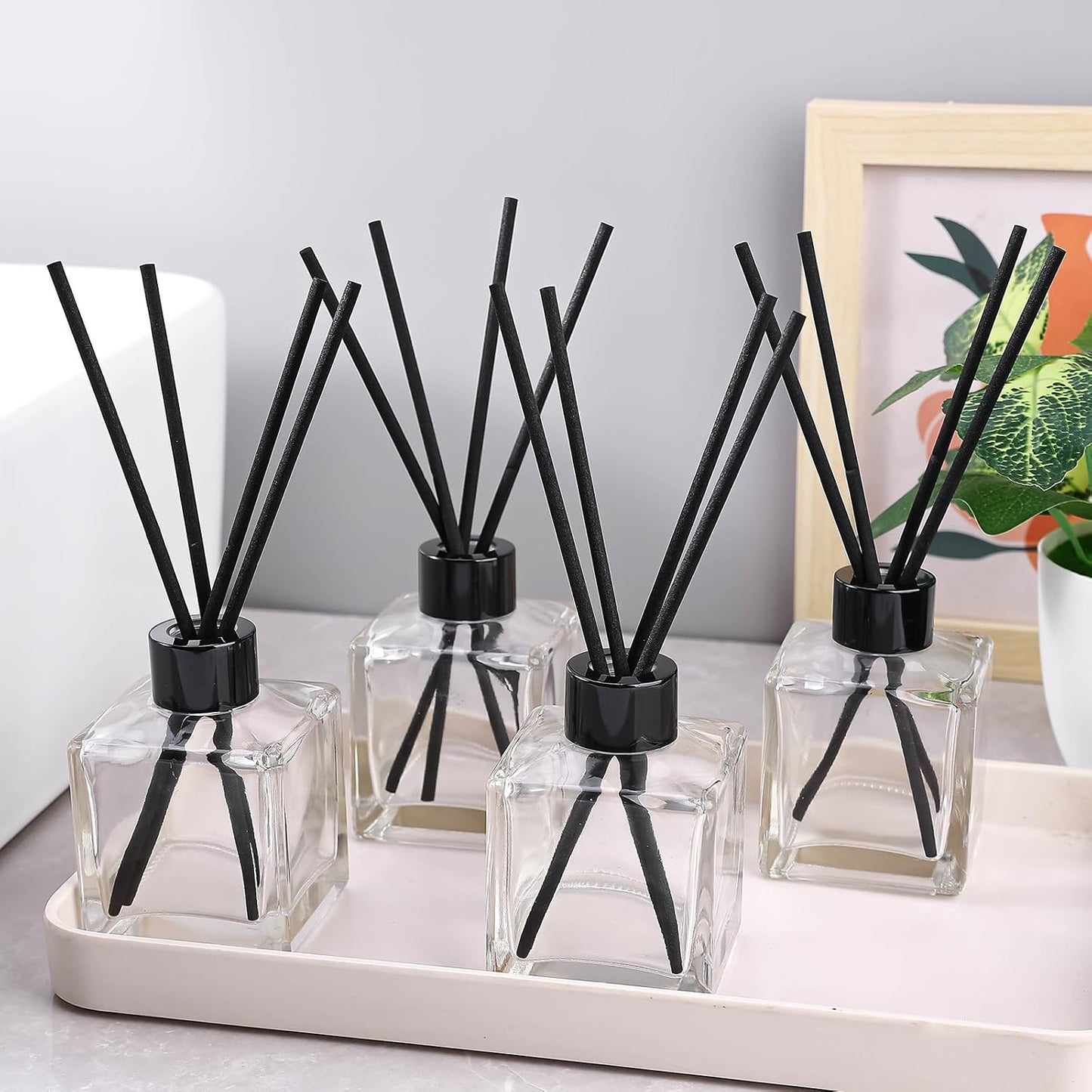 frangrance Glass Diffuser Bottles Diffuser Jars with Black Color caps and Reed Sticks Set of 4 pcs 150ml Fragrance Accessories use for DIY Replacement Reed Diffuser Sets