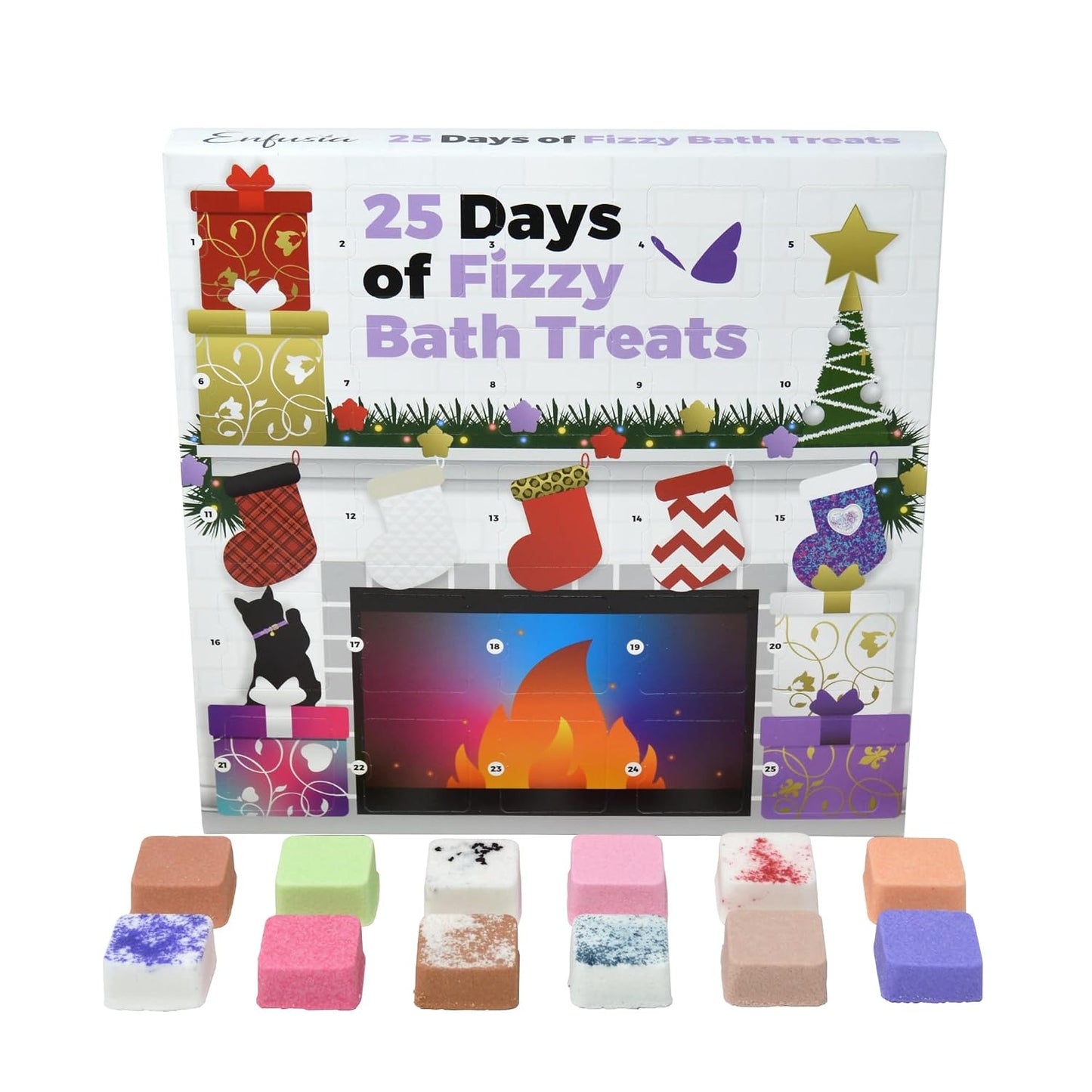 Enfusia Bath Bomb Advent Calendar 25 Days | Christmas Bath Bombs for Kids - Natural Vegan Dye-Free Fizzy Holiday Gift | Handcrafted in USA