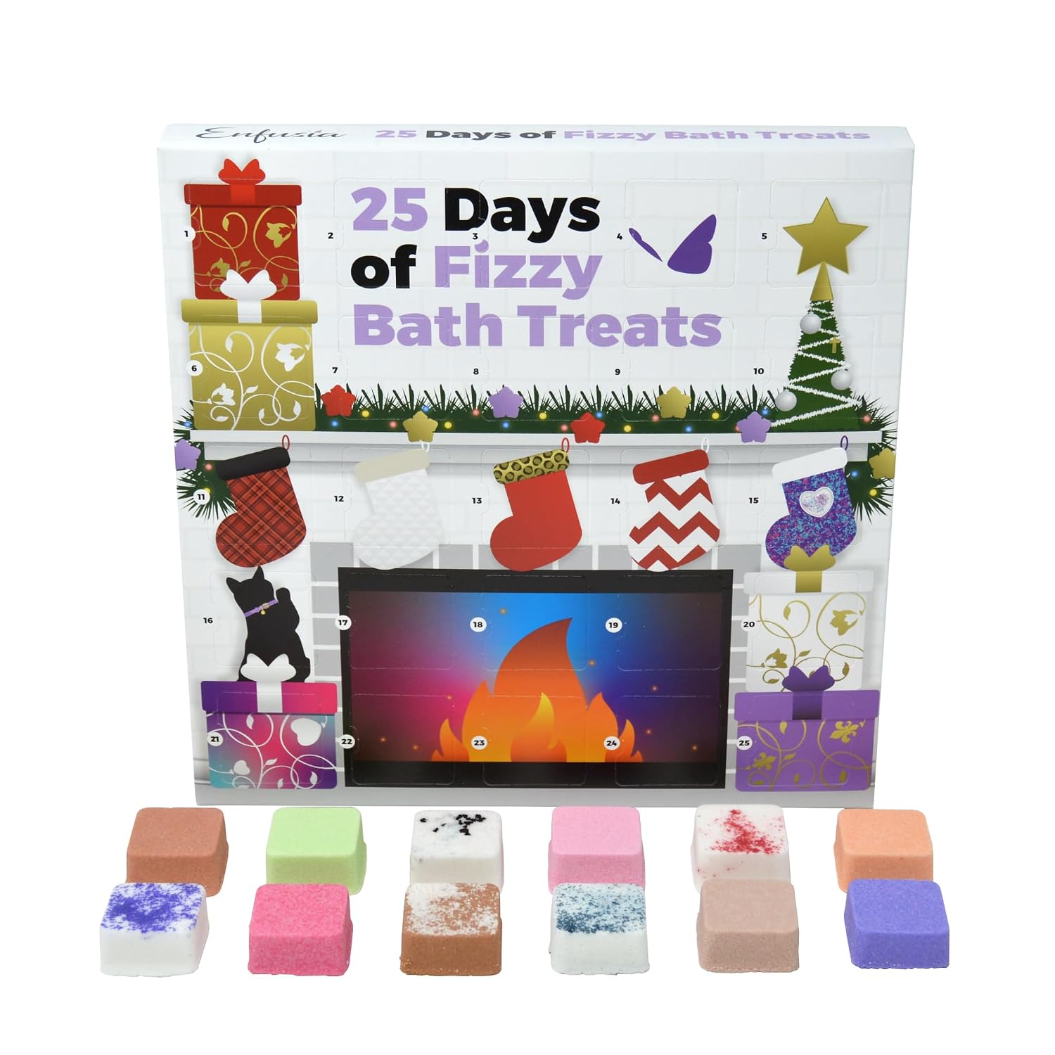 Enfusia Bath Bomb Advent Calendar 25 Days | Christmas Bath Bombs for Kids - Natural Vegan Dye-Free Fizzy Holiday Gift | Handcrafted in USA
