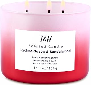 Lychee Guava Sandalwood 3 Wick Pink Scented Soy Summer Candle 15.8 oz | Sweet, juicy fruity tropical aromatherapy candle; clean burning, fills the room; candles for women; gift for girlfriend