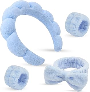 Headband for Washing Face and Wristband Set, Blue | Soft absorbent fabric, snug head-hugging fit for face washing, skincare, makeup, masks, travel, women and teen girls