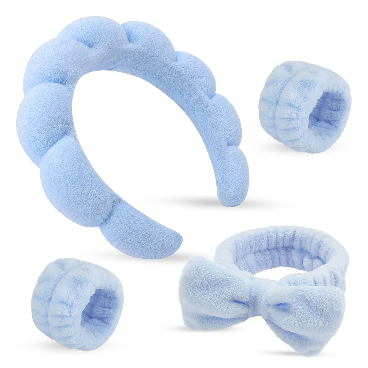 Headband for Washing Face and Wristband Set, Blue | Soft absorbent fabric, snug head-hugging fit for face washing, skincare, makeup, masks, travel, women and teen girls