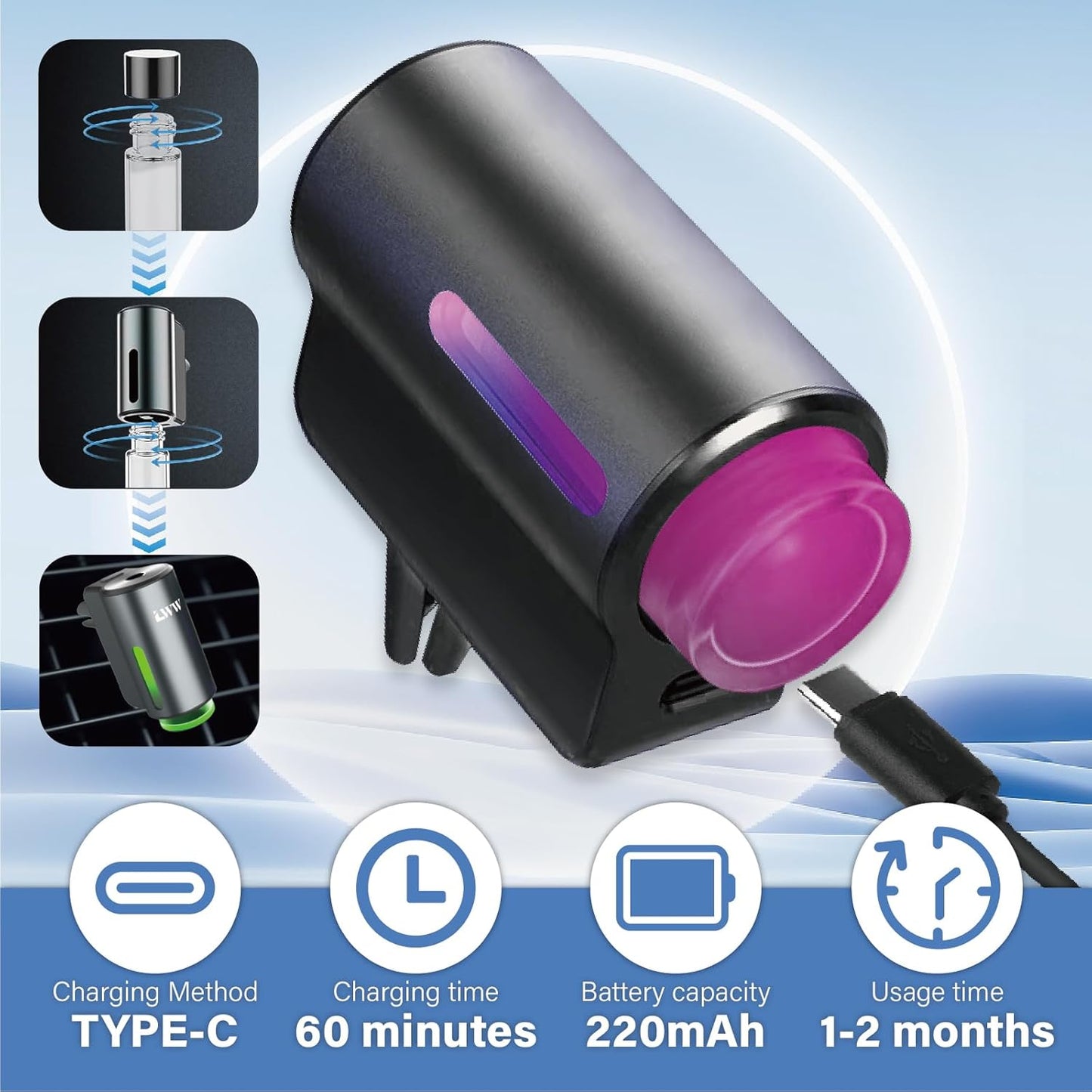 Smart Car Aroma Diffuser - 3 Adjustable Modes, Rechargeable, with Breathing Light, with Ventilation Clip - with 8 10ml Bottles of Fragrance, Car Air Freshener Essential Oil Diffuser (Black)