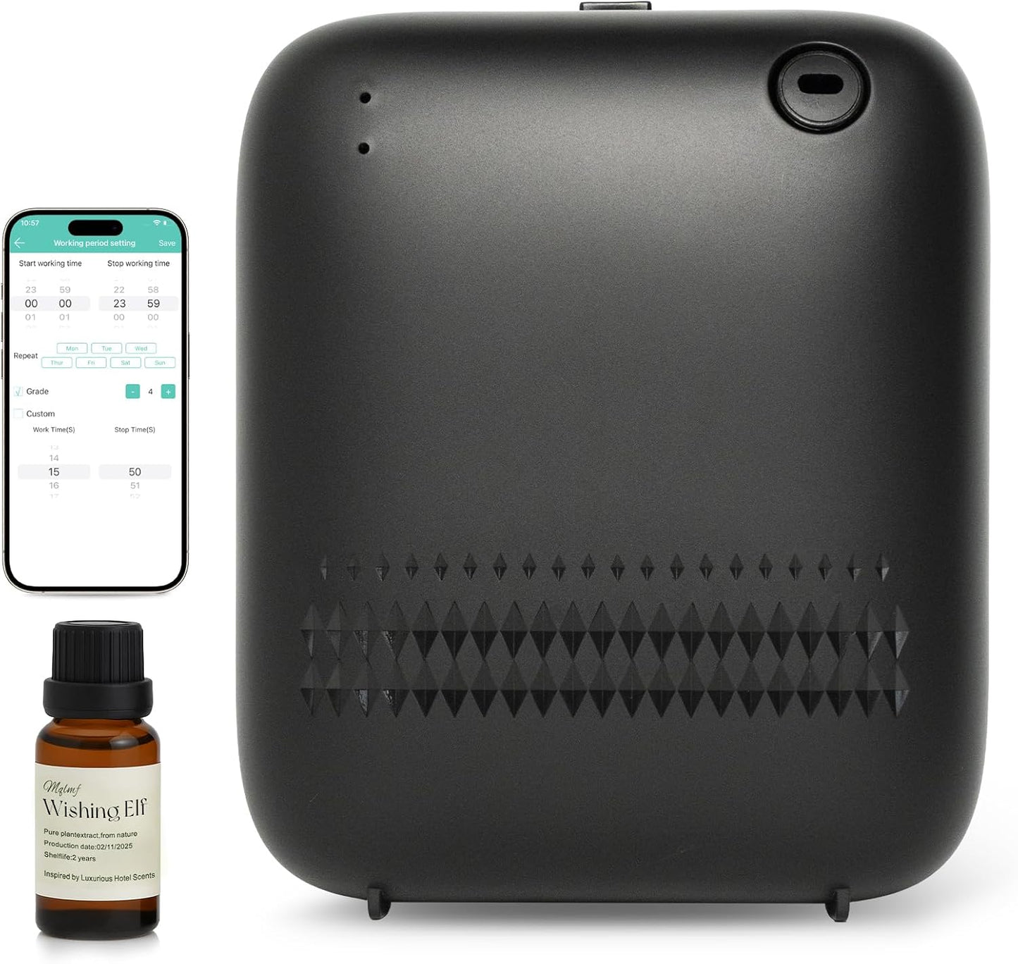 Waterless Diffuser,2000 Sq Ft,USB Plug-in&Battery,Safety Lock,Quiet,Bluetooth App,Hotel Home Collection Scent Machine - Black