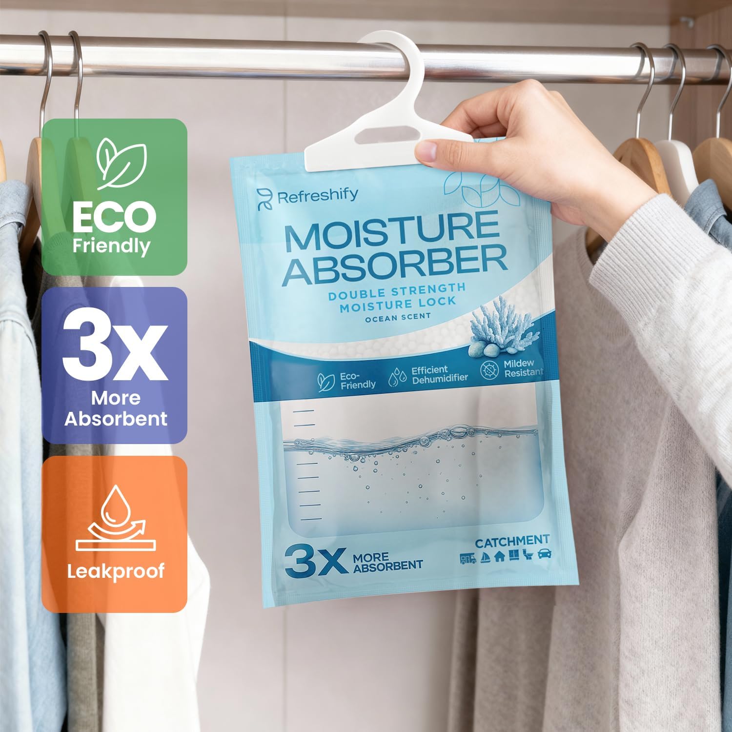 Moisture Absorbers and Humidity Absorber Bags for Closet - 10 Pack High-Efficiency Moisture Absorber and Humidity Packs for Home, Moisture Bags and Dehumidifier Bags for Car Ocean Scent, 10 Pack