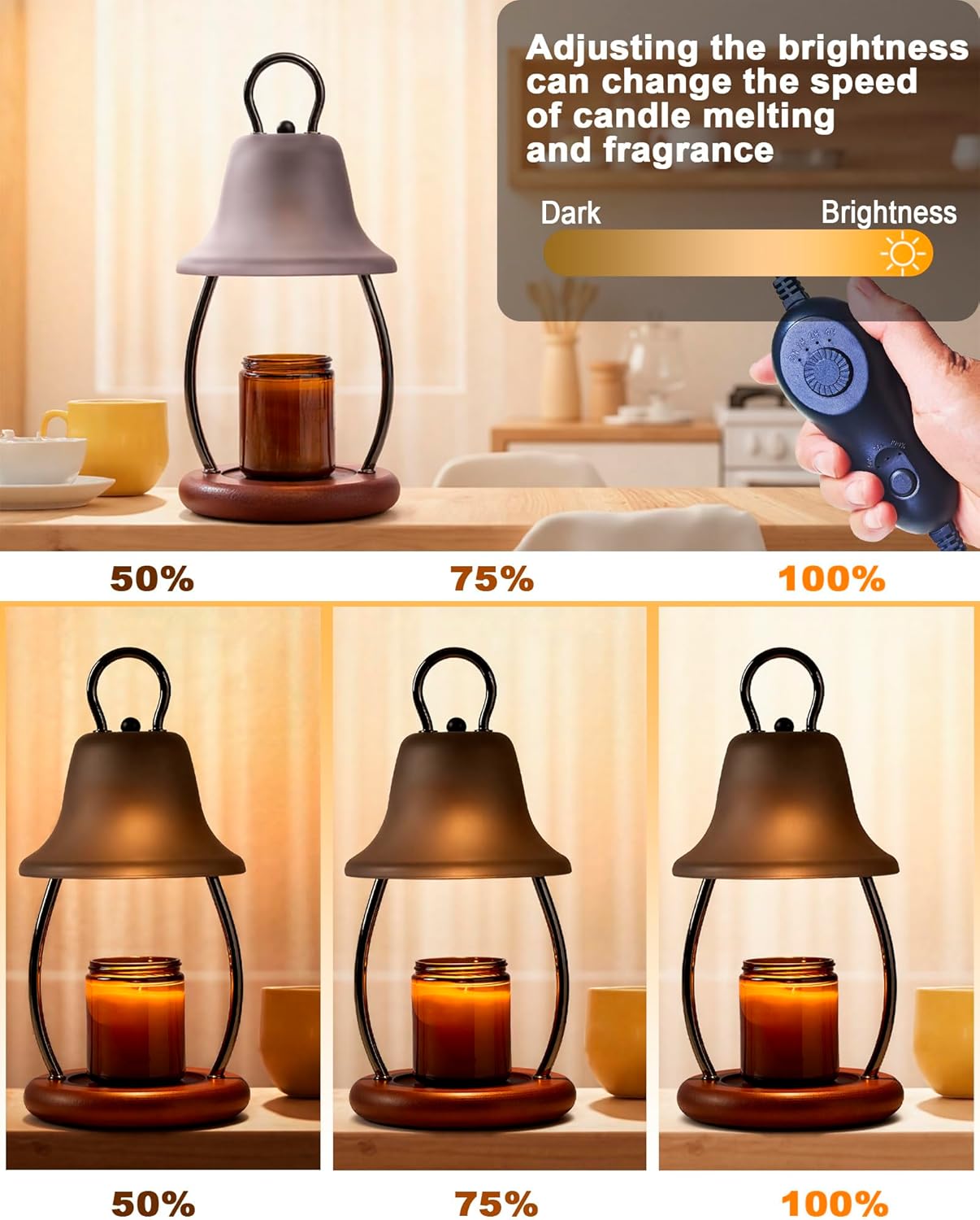 Candle Warmer Lamp with Timer - Adjustable Brightness & Glass Shade - Wooden Base with 2 Bulbs Included (Black)