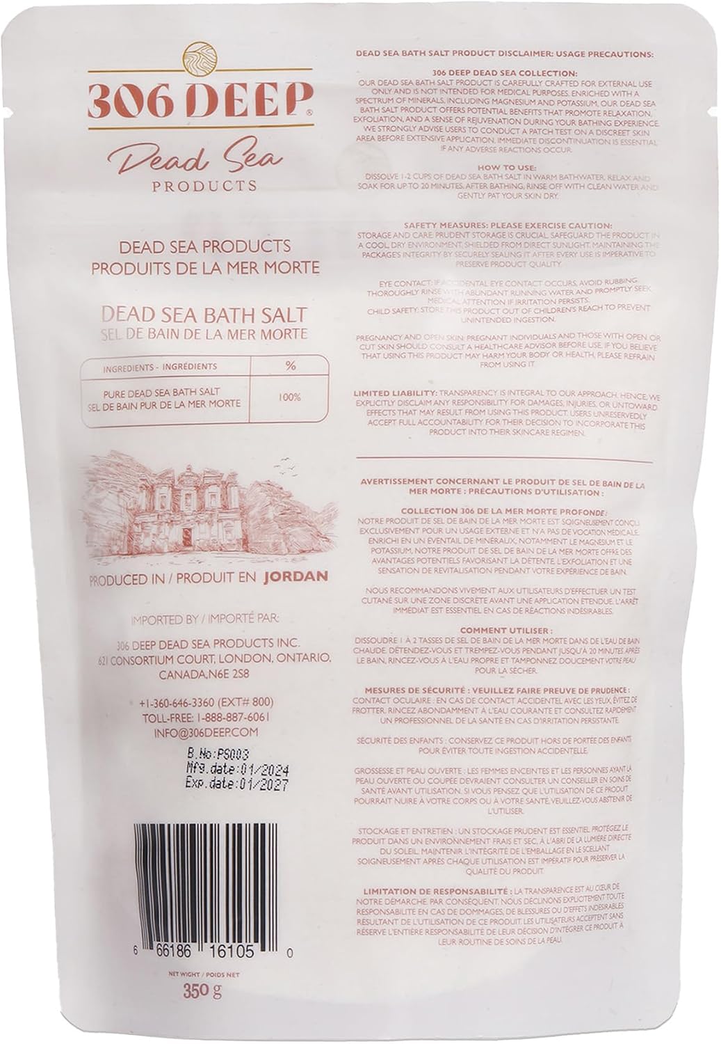 306 Deep Coarse Dead Sea Salts for Soaking - 350 Grams of 2-4 mm 100% Dead Sea Salt Bath for Men and Women, Pure Bath Minerals with Magnesium, Zinc, Potassium for Soaks and Body Scrub