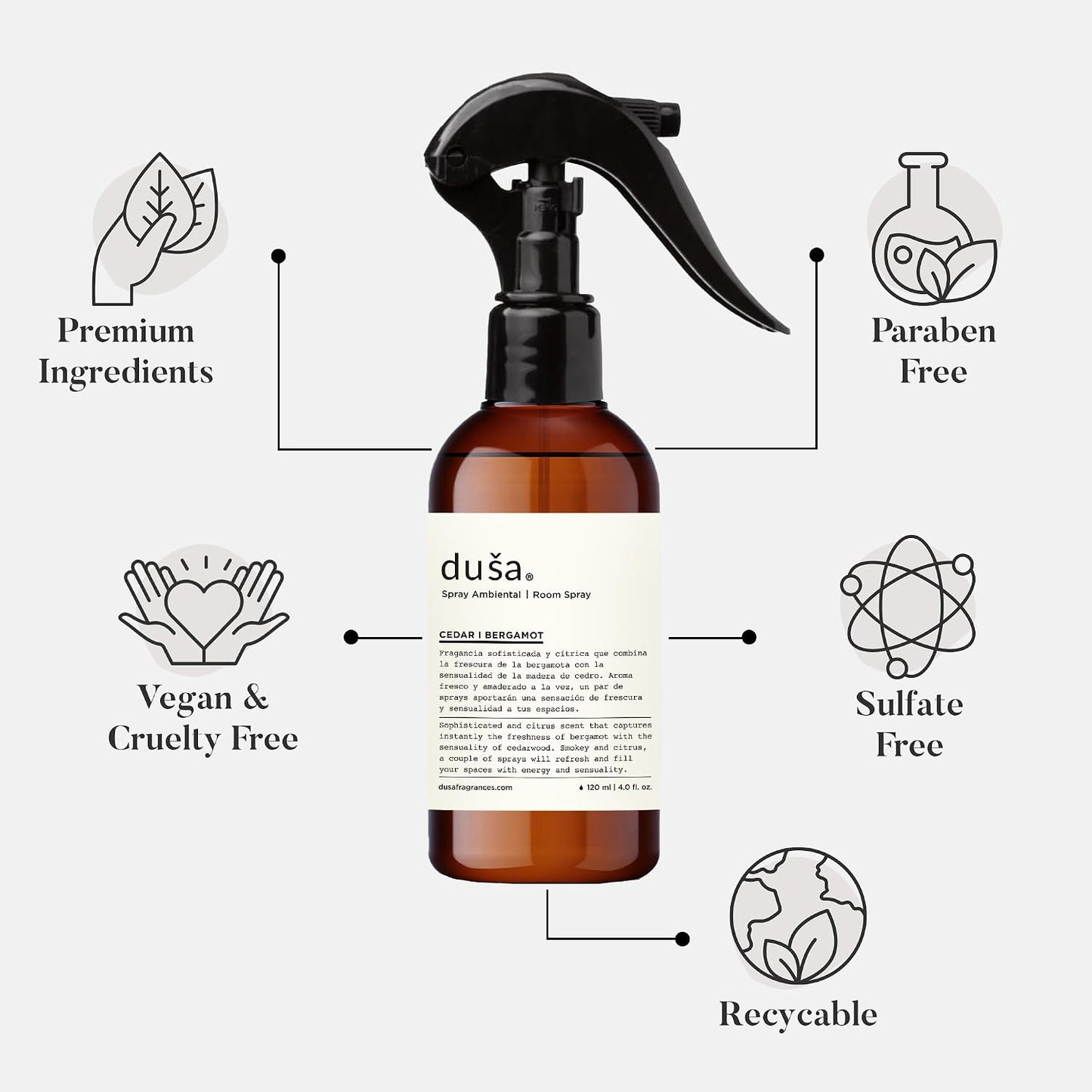 Dusa Cedar and Bergamonte Room Spray - 4 fl oz - Ultimate Home Fragrance, Bed Room Essentials & Soothing Fabric - Natural Air Freshener & Linen Mist for Home - Eco-Friendly Odor Eliminator