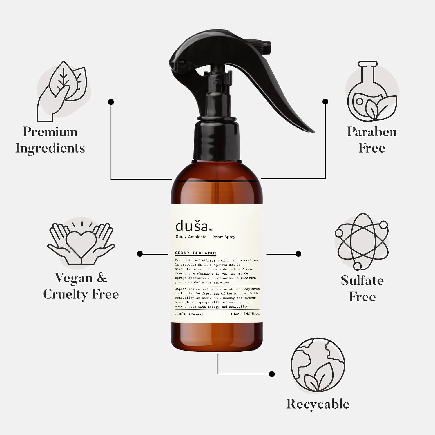 Dusa Cedar and Bergamonte Room Spray - 4 fl oz - Ultimate Home Fragrance, Bed Room Essentials & Soothing Fabric - Natural Air Freshener & Linen Mist for Home - Eco-Friendly Odor Eliminator