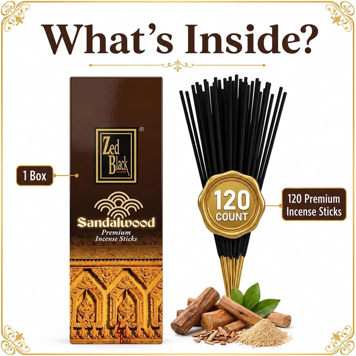 Sandalwood Incense Sticks -120 Count | Hand-Rolled, Long-Lasting Sandalwood Aroma | Ideal for Meditation, Relaxation, Yoga & Spiritual Balance I Zed Black