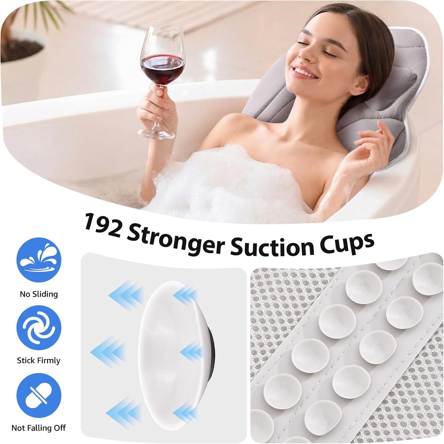 Full Body Bath Pillow for Bathtub, Thick 5D Air Mesh Luxury Spa Tub Cushion with Adjustable Lumbar Support, Extra Long Bathtub Pillow for Head and Neck Back, 192 Non-Slip Suction Cups, Gray, 56" x 19"