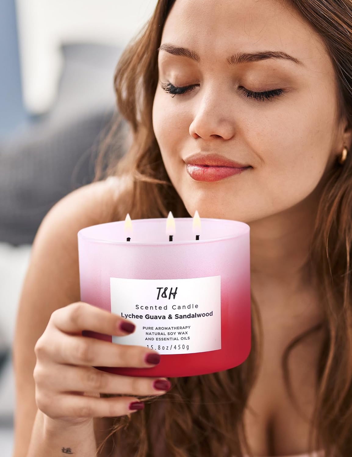 Lychee Guava Sandalwood 3 Wick Pink Scented Soy Summer Candle 15.8 oz | Sweet, juicy fruity tropical aromatherapy candle; clean burning, fills the room; candles for women; gift for girlfriend
