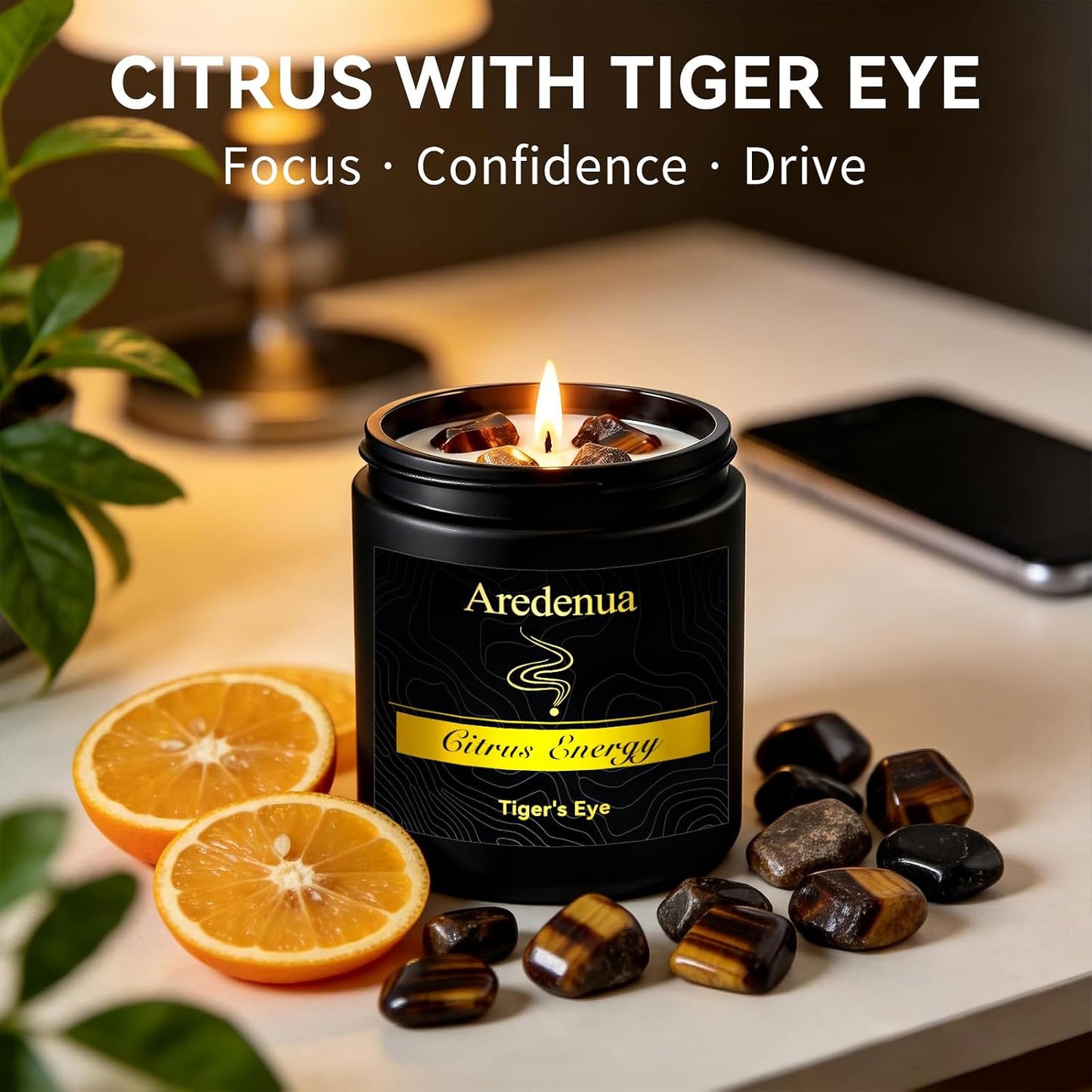 Crystal Candle with Tiger Eye Healing Crystals, Citrus Aromatherapy Candle for Confidence, Natural Soy Wax Scented Candle with Real Gemstone, 7oz Long Burning, Motivational Chakra Gift