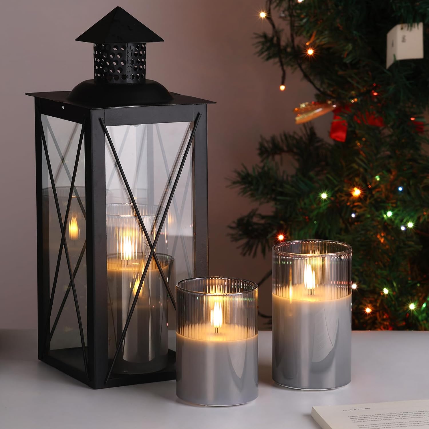 Eywamage Smoke Grey Ribbed Glass Flameless Pillar Candles with Remote, Flickering LED Wax Candles Battery Operated Set of 3