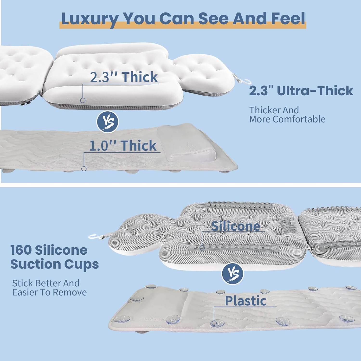 Luxury Bath Cushion, Full Body Bathtub Pillow with 160 Suction Cups, Bath Mat for Head and Neck Support, with Laundry Bag (White, 51" x 16")