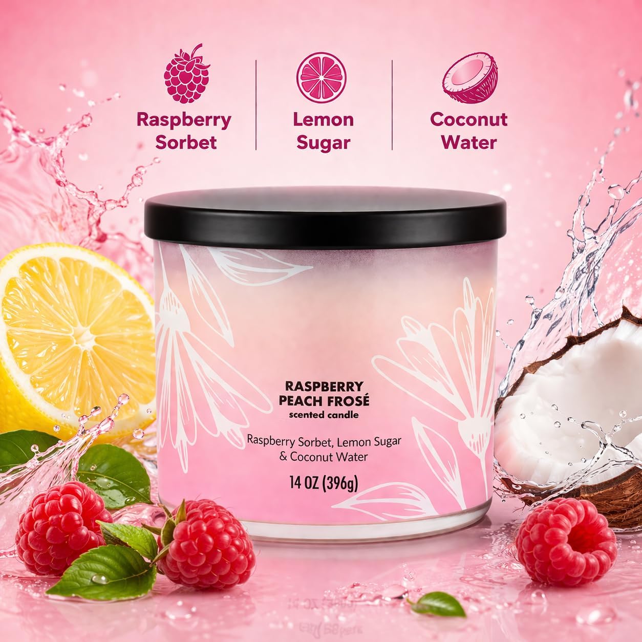 3 Wick Scented Candle, 14 oz, Ombre Glass Jar, Raspberry Peach Fragrance, Decorative for Living Room, Bedroom, and Gift