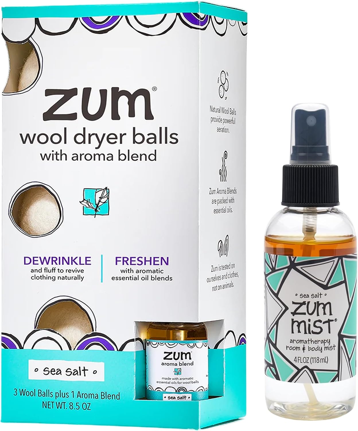 Zum Wool Dryer Balls Kit Plus Zum Mist - 3 Wool Balls with Essential Oil Blend & Room & Body Mist - Sea Salt