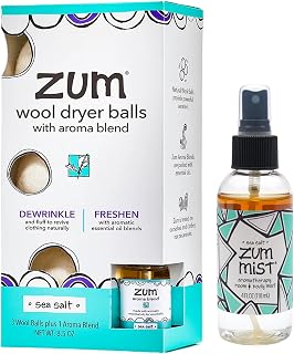 Zum Wool Dryer Balls Kit Plus Zum Mist - 3 Wool Balls with Essential Oil Blend & Room & Body Mist - Sea Salt