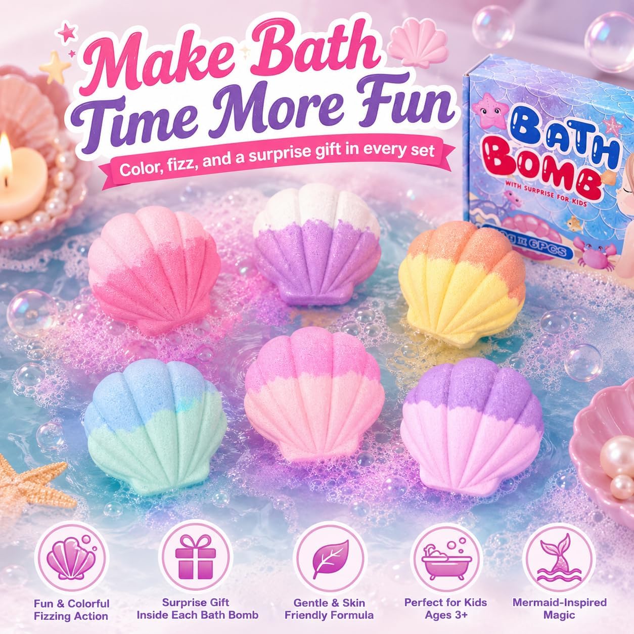 Shell Bath Bombs for Kids Girls with Surprise Inside, 6 PCS Bath Bombs Gift Set with Toys, Colorful Fizzy Bath Bomb for Girls Ages 3+, Kids Bath Bombs for Toddler Girl Christmas Birthday Gifts