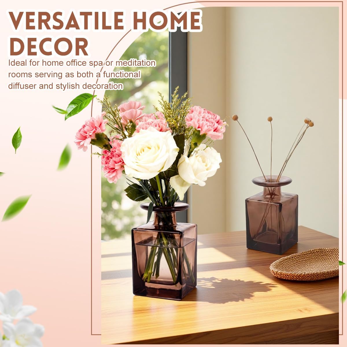 150ML/5OZ Square Glass Diffuser Bottles Empty Decorative Bottle Refillable Aromatherapy Container Fragrance Accessories for Home and Office(Brown)