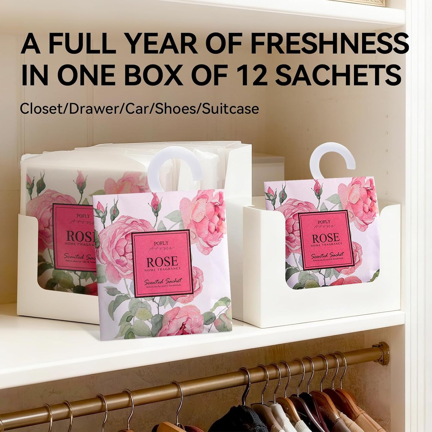 12 Pack Rose Petals Scented Sachets for Drawers and Closets, Hanging Closet Deodorizer Air Freshener, Long Lasting Fragrance