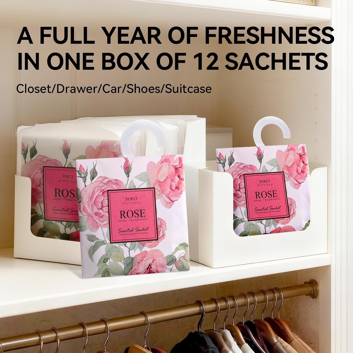 12 Pack Rose Petals Scented Sachets for Drawers and Closets, Hanging Closet Deodorizer Air Freshener, Long Lasting Fragrance