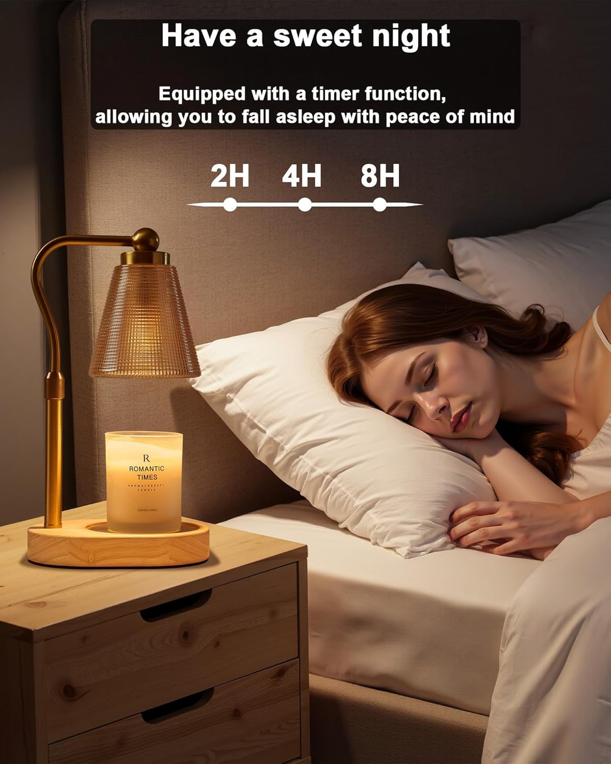 Candle Warmer Lamp with Timer - Adjustable Height & Brightness - Wood Base Glass Shade - 2 Bulbs Included(Oval Gold)