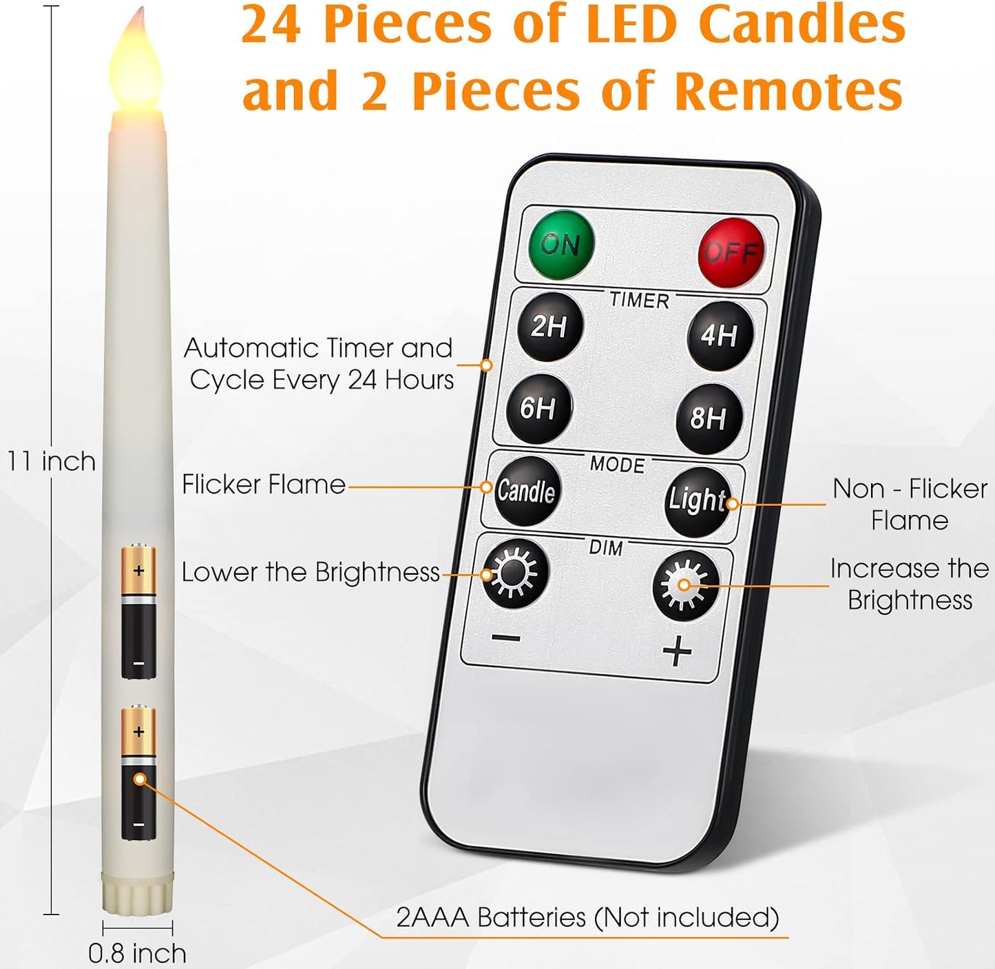 Tuanse 24 Pack Flameless Taper Candles with Remote & Timer, 11" Flickering 3D LED Battery Operated Window Candlesticks, Dimmable for Wedding Table Centerpieces Home Valentine’s Decor(Ivory)
