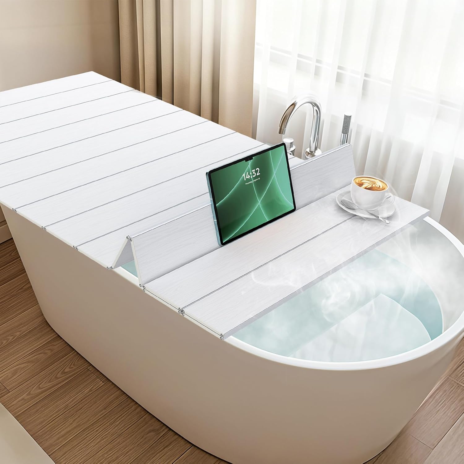 Foldable Bathtub Cover, 63 x 31.5 in Bath Tub Tray Waterproof, Folding Bath Cover Insulation Table Dust Board, PVC Shutter Bathtub Lid Plate Fits Most Tubs for Bathroom Shower, White