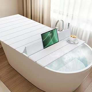 Foldable Bathtub Cover, 63 x 31.5 in Bath Tub Tray Waterproof, Folding Bath Cover Insulation Table Dust Board, PVC Shutter Bathtub Lid Plate Fits Most Tubs for Bathroom Shower, White