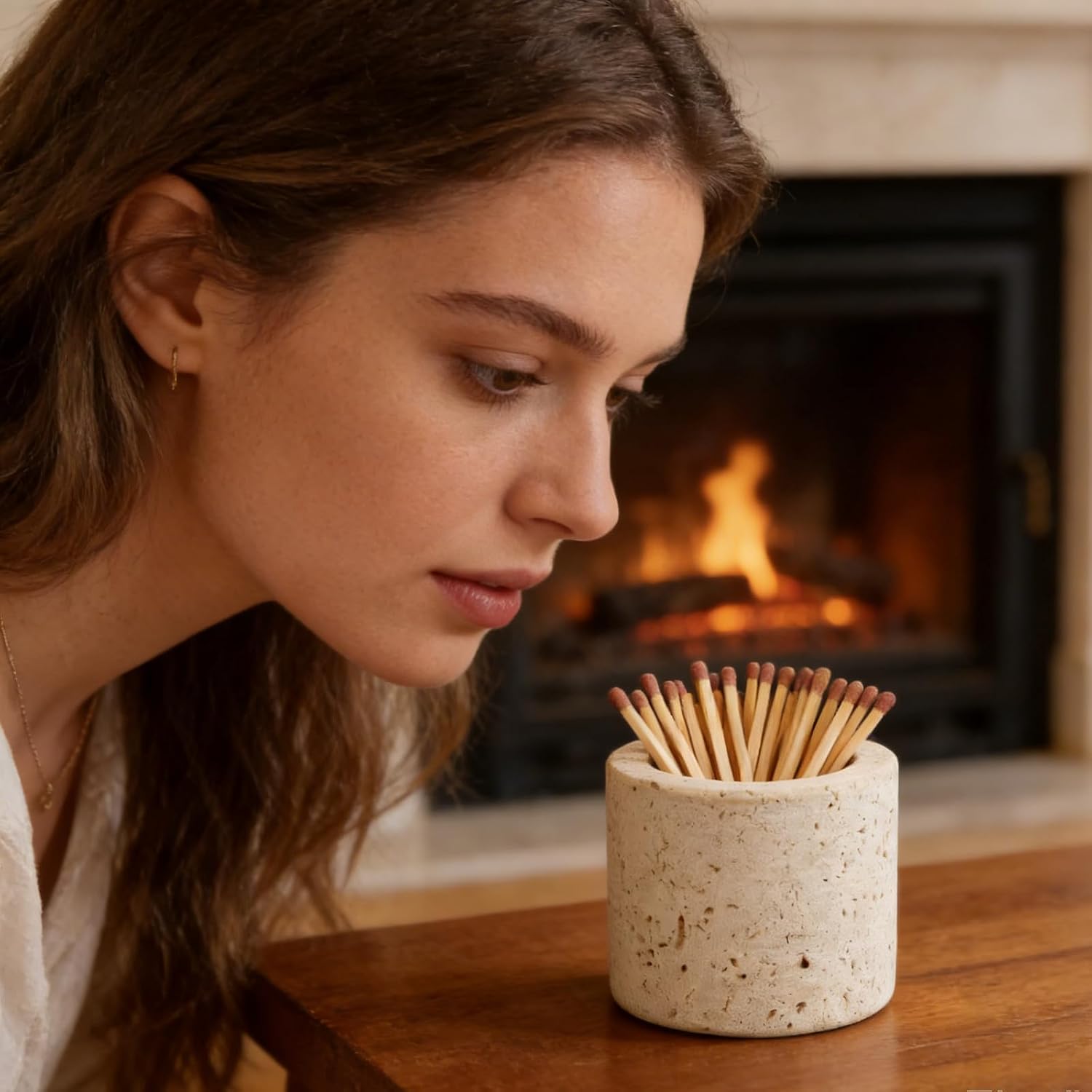 1 Match Holder with 3 Strikers, 2.56x1.97in Travertine Stone Decorative Fireplace Matches Dispenser Matchstick Organizer Cute Candle Jar for Camping Home Parlor Bathroom Kitchen, Matches Not Included