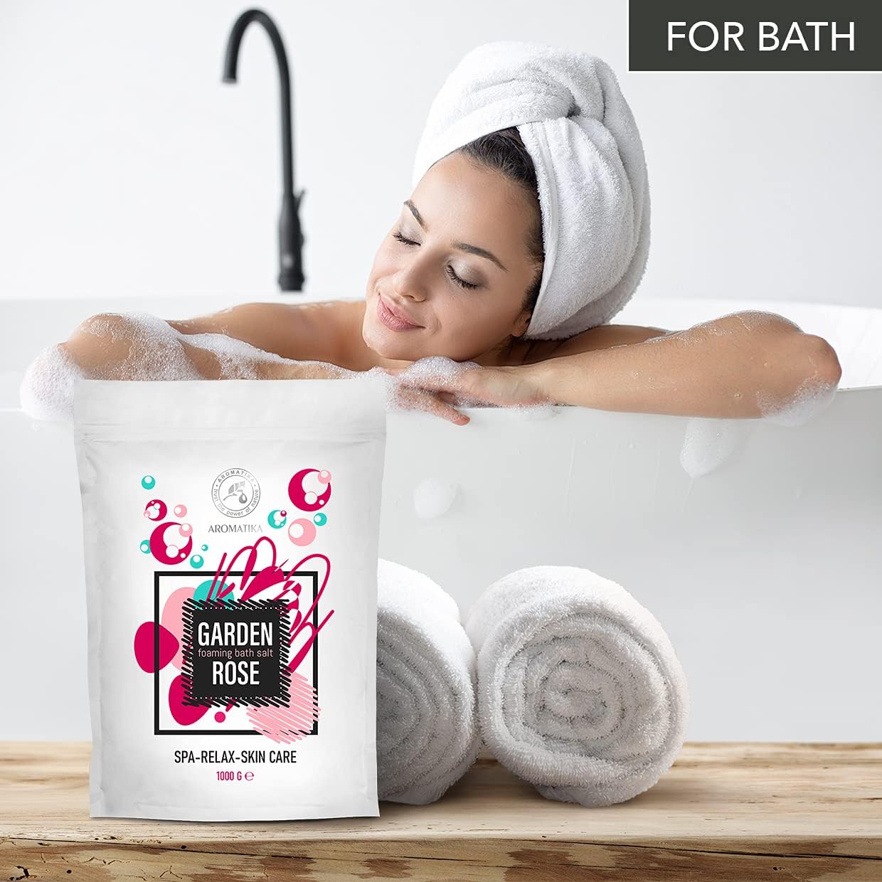 Foaming Bath Sea Salt Rose 35 Oz - 1000g - Bubble Bath Salts with Almond & Rosewood Essential Oil & Rosa Damascena Flower Extract for Bath Soak - Relaxing Bath - Aromatherapy Bath Salts