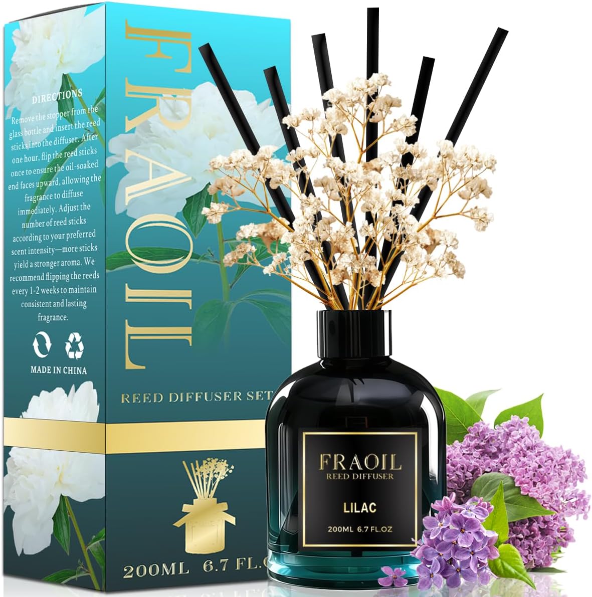 Lilac Reed Diffuser, Reed Diffuser Set 6.7 fl oz (200 ml) with 6 Reed Sticks, Home Fragrance Reed Diffuser for Bathroom Shelf House Bedroom Office Decor