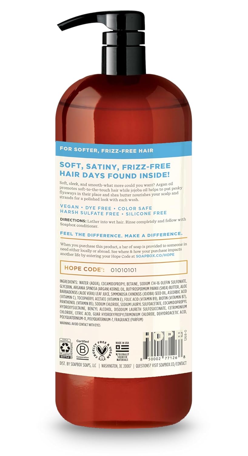 Soapbox Argan Oil & Vanilla Shampoo & Conditioner Set, Leaves Hair Smooth & Controls Frizz - Clean Ingredients Free of Harsh Chemicals, Sulfates, Parabens & Silicones - 1 Liter Each