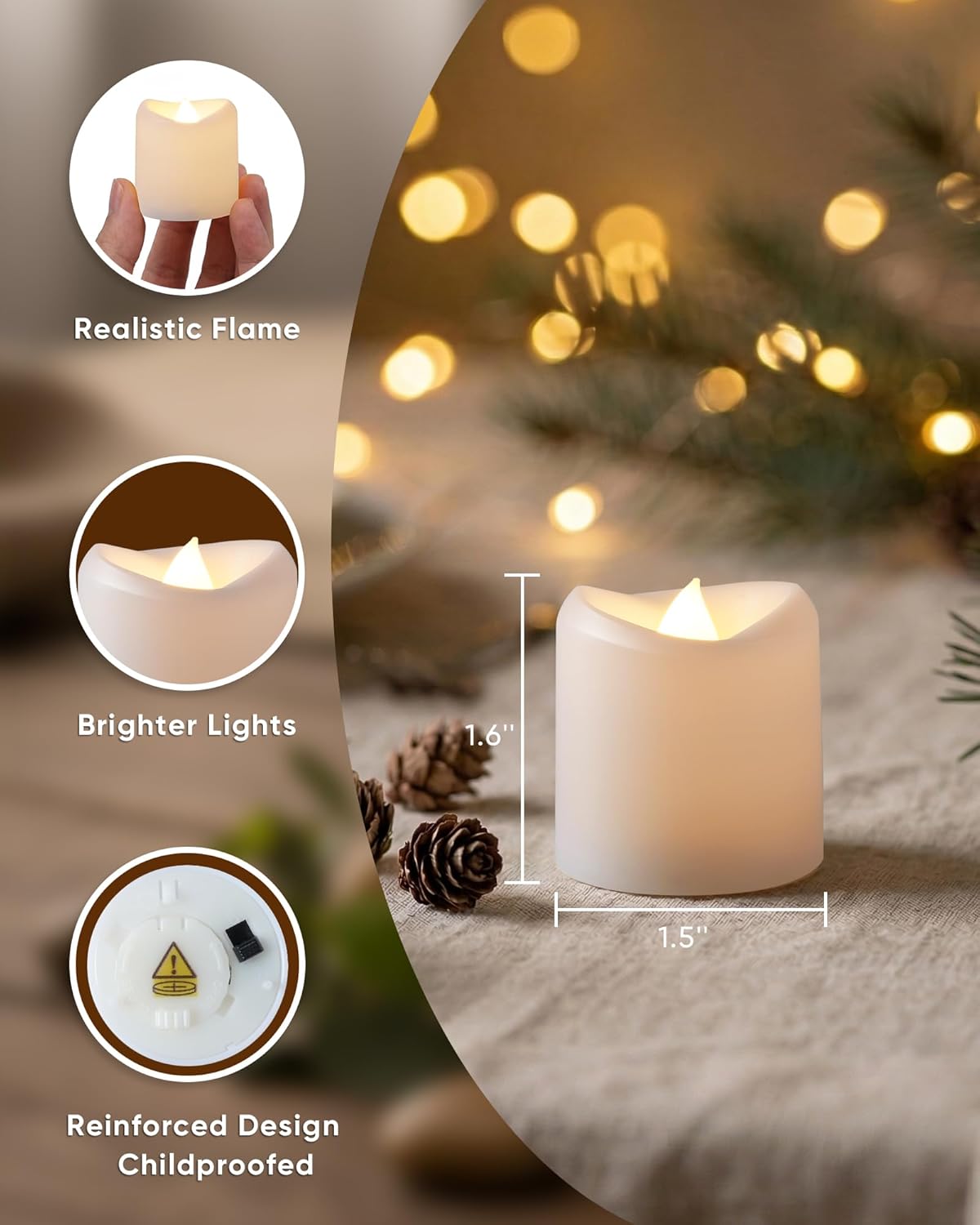 LED Votive Candles, Flameless Tea Lights Battery Included, 100 Hours Long Lasting, Warm White, 1.5” Dia x 1.6” H, Electric Fake Candles for Wedding Party Festival Decor-White Base, 24 Pack