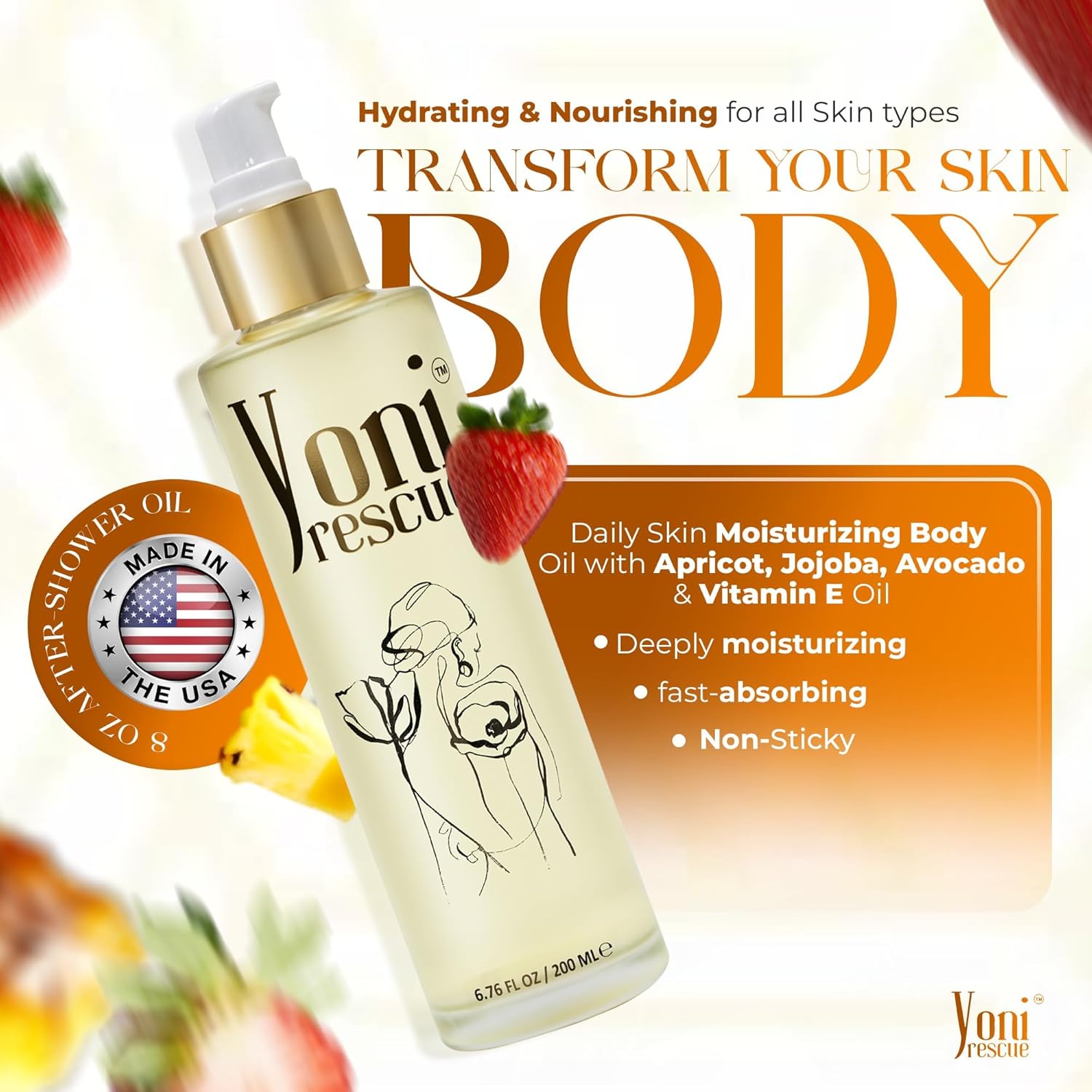 After Shower Body Oil for women | Daily Skin Moisturizer with Apricot, Jojoba, Avocado & Vitamin E Oil | Hydrating & Nourishing for all Skin types | Anti-Aging | 6.76 oz | Peach