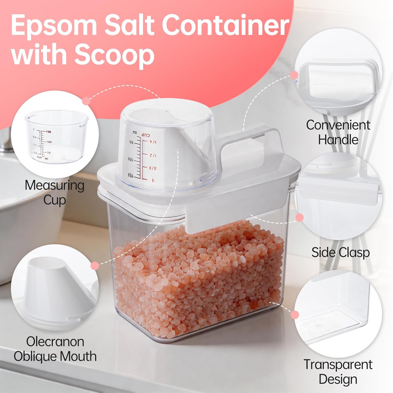 Epsom Salt Container with Scoop Cup-1100ml(37oz) | Airtight Leakproof Storage Bath Salt Container with Measuring Cup